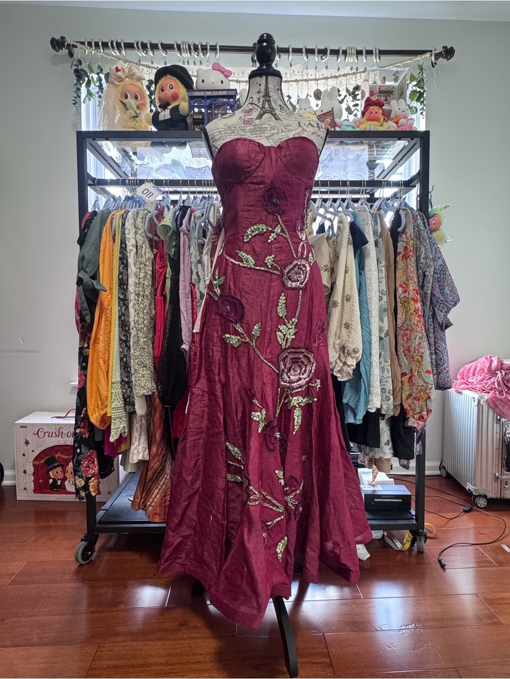 Free People Strapless Burgundy Floral Sequin Gown